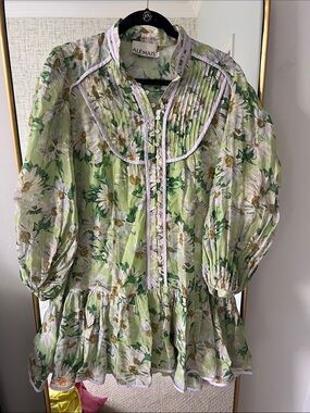Alemais Light Green Floral Pintuck Ruffle Long Sleeve Dress
